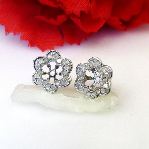 Jewelry - Diamond Flower Earring Enhancer Jackets 10k White Gold Natural Genuine Real